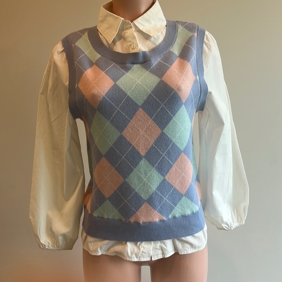 Chaleco De Punto Sin Mangas Para Mujer - Cuello V, Estilo Preppy Argyle, Lana, Varios Colores, Tallas S/M/L
